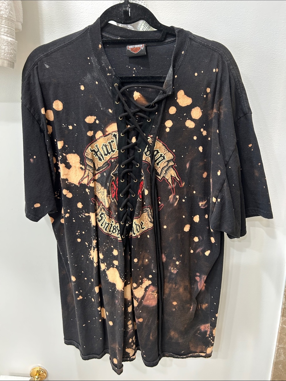Harley-Davidson Black Lace-Up Short Sleeve Tee dress with Bleach Splatter /